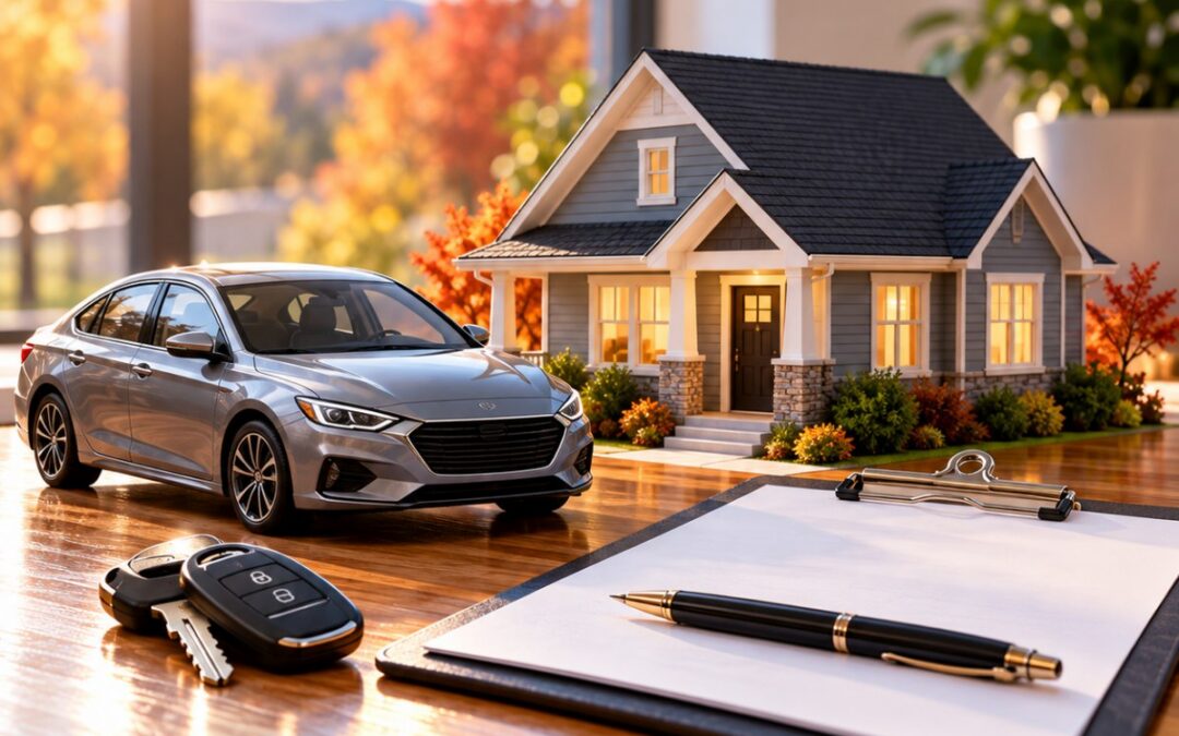 A car and a house model placed on a desk alongside a notepad and pen, suggesting planning or brainstorming