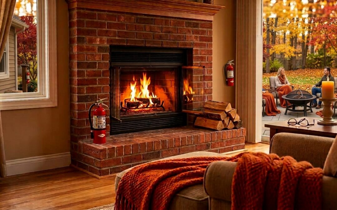 Warm living room interior with a brick fireplace and autumn tree view